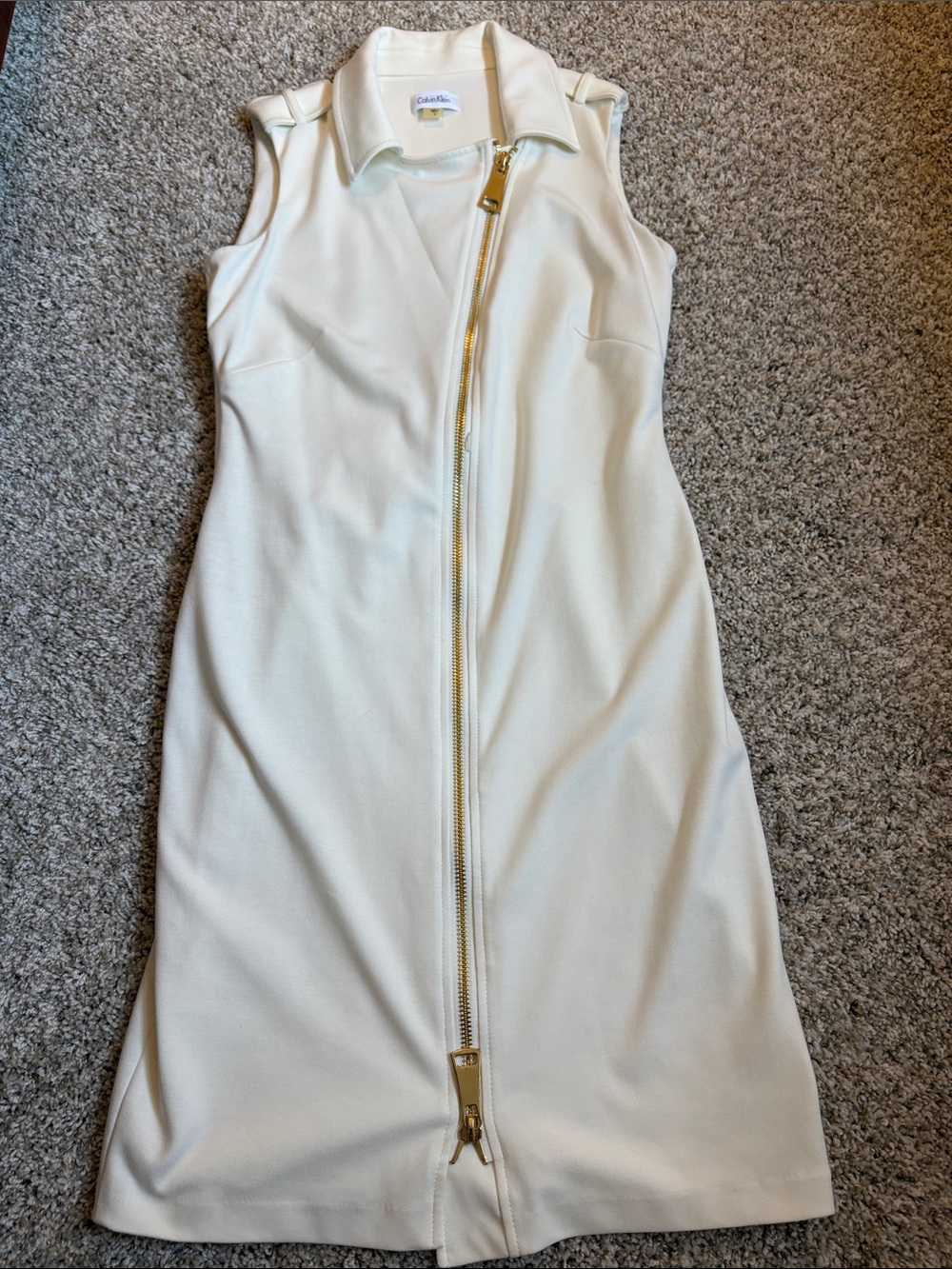 Calvin Klein Ivory Cream Gold Zip Sleeveless Sheath Dress Size 8